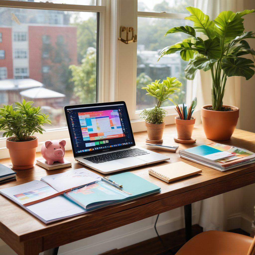 A serene scene of a modern home office with a large wooden desk displaying a laptop, charts, and budgeting tools like colorful pens and notebooks. A filled piggy bank and a houseplant add a touch of comfort, while sunlight streams through a window casting a warm glow. In the background, a vision board depicting goals and aspirations like travel and financial freedom. super-realistic. vibrant colors. daylight ambiance.