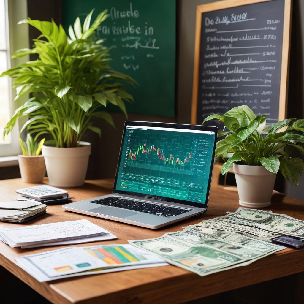 A serene workspace featuring a neatly organized desk with a sleek laptop, financial graphs on the screen, and stacks of cash artfully arranged beside a vibrant green plant. In the background, a chalkboard showcases quick cash strategies and instant money tips written in colorful chalk. Warm, inviting lighting envelops the scene, creating a sense of hope and possibilities for a wealthier future. 3D rendering. vibrant colors.